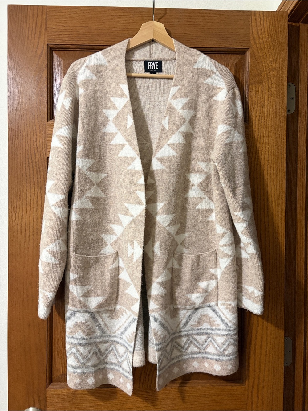 FRYE Beige and White Aztec Open-Front Cardigan